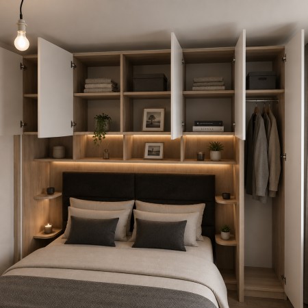 Mobilier dormitor cu dulapuri integrate, pat și masă de toaletă cu iluminare LED A-97 Mobilier dormitor cu dulapuri integrate, pat și masă de toaletă cu iluminare LED A-97